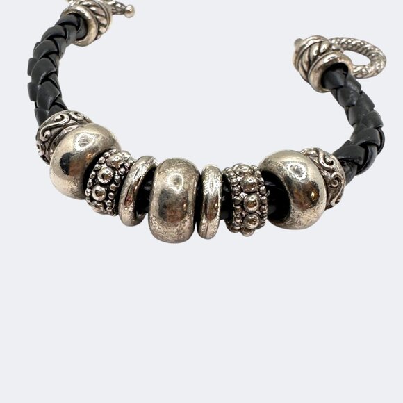 Vintage Black Braided Leather Bracelet with Silver-Tone Beads & Toggle Clasp - Picture 8 of 9